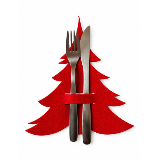 Cutlery holder with Christmas tree, red felt, 4 pcs.